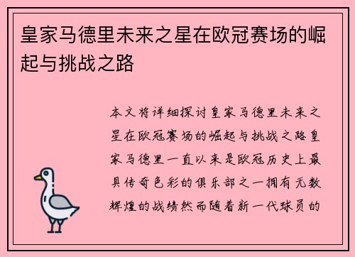 皇家马德里未来之星在欧冠赛场的崛起与挑战之路